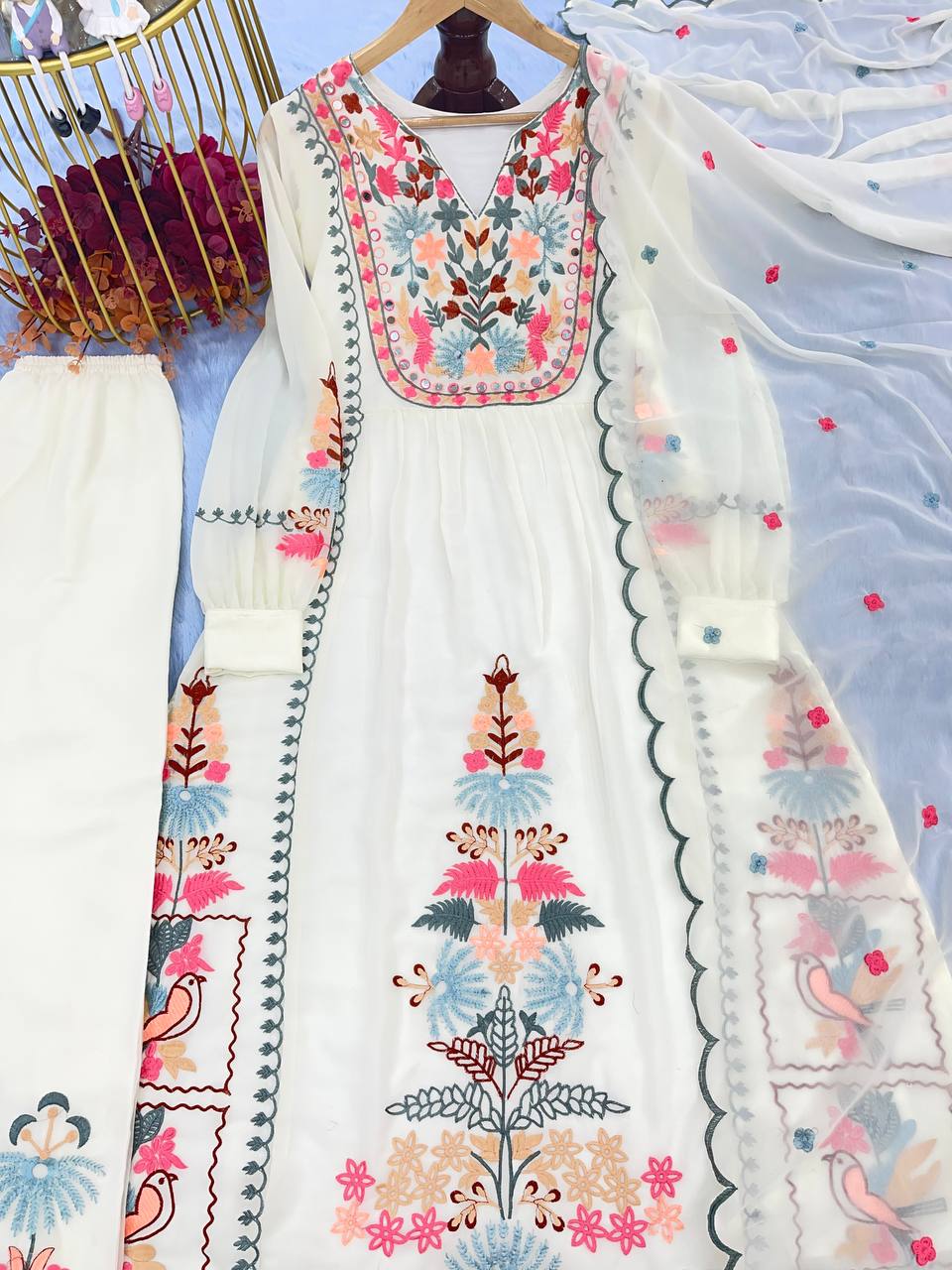 White Premium Designer Readymade Top, Palazzo & Dupatta Set