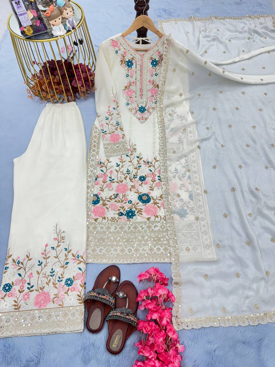 White Premium Designer Readymade Top Plazzo Set with Dupatta