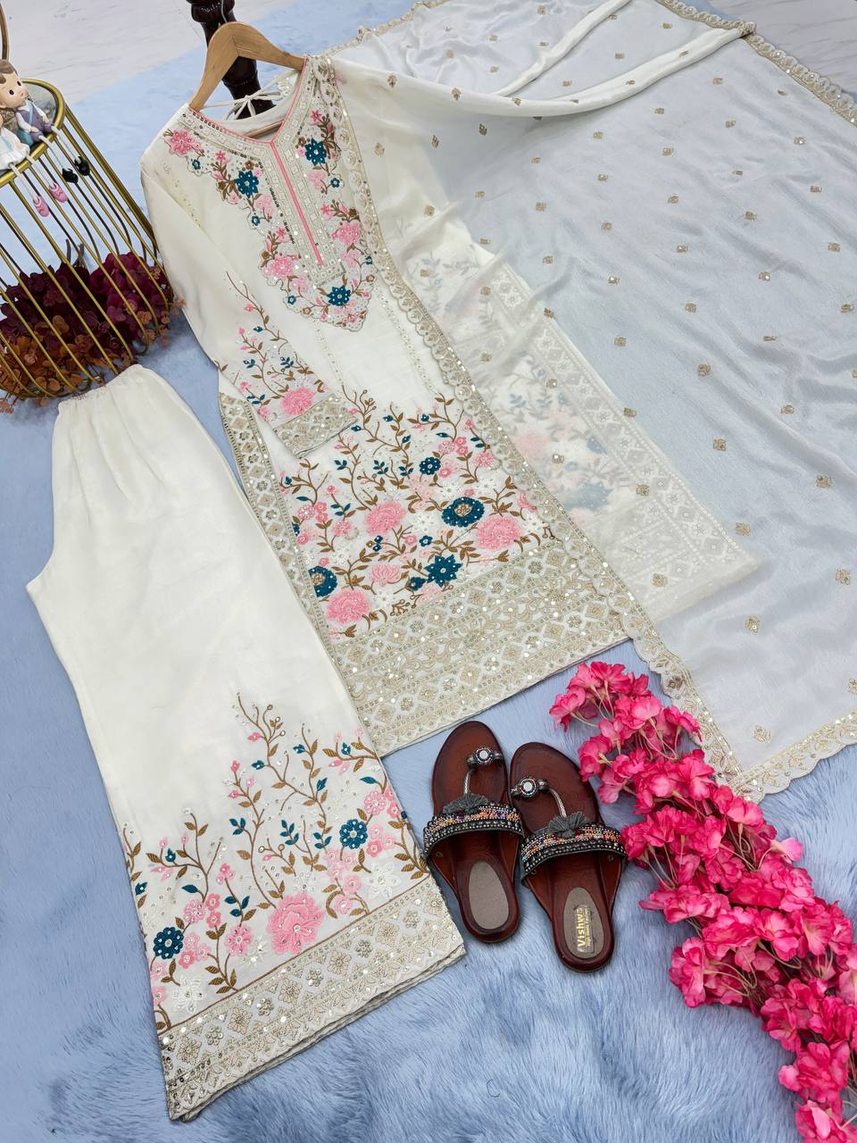 White Premium Designer Readymade Top Plazzo Set with Dupatta