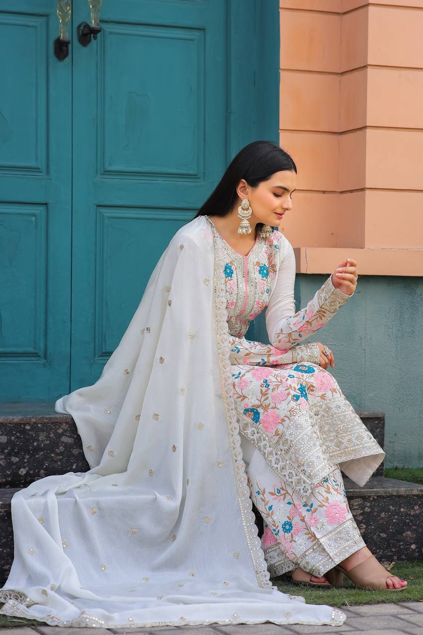 White Premium Designer Readymade Top Plazzo Set with Dupatta