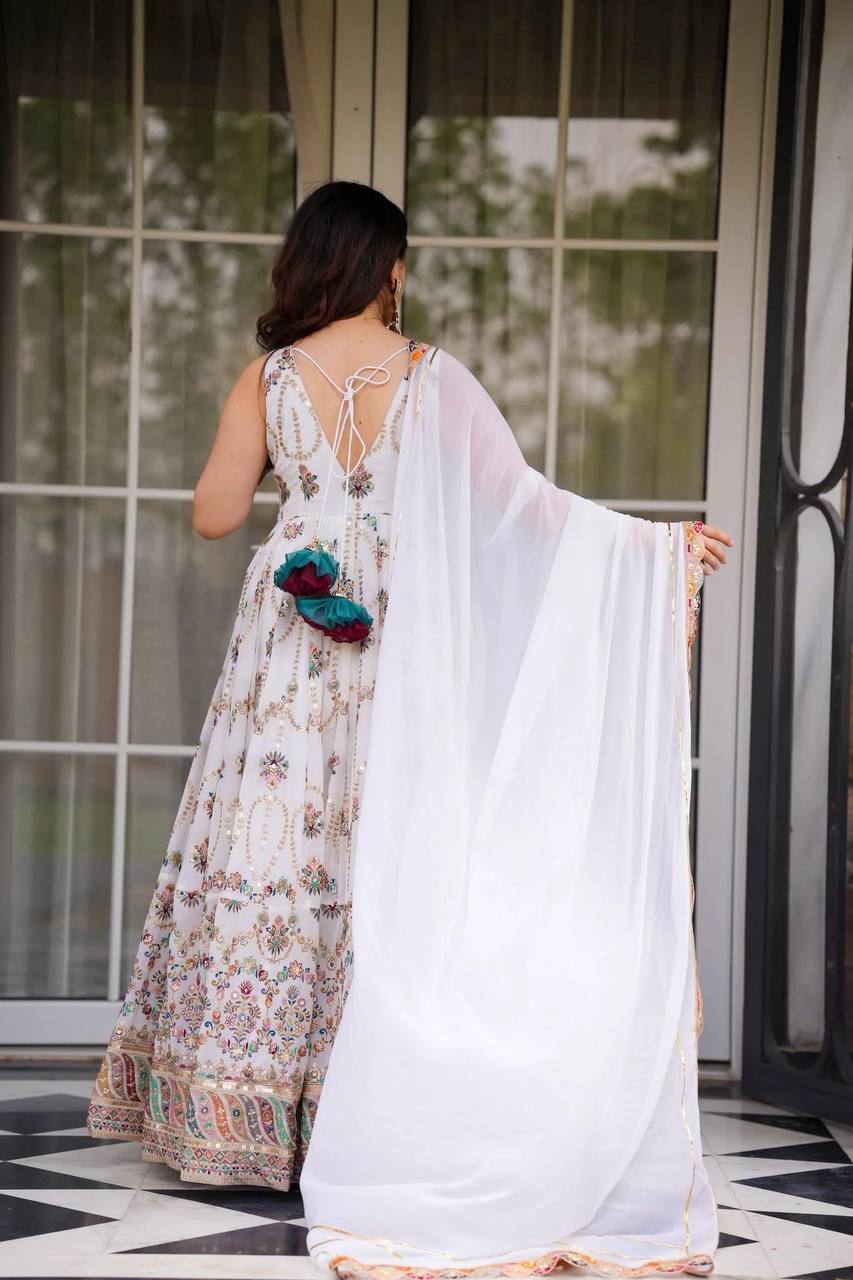 White Premium Faux Georgette Anarkali Gown with Dupatta