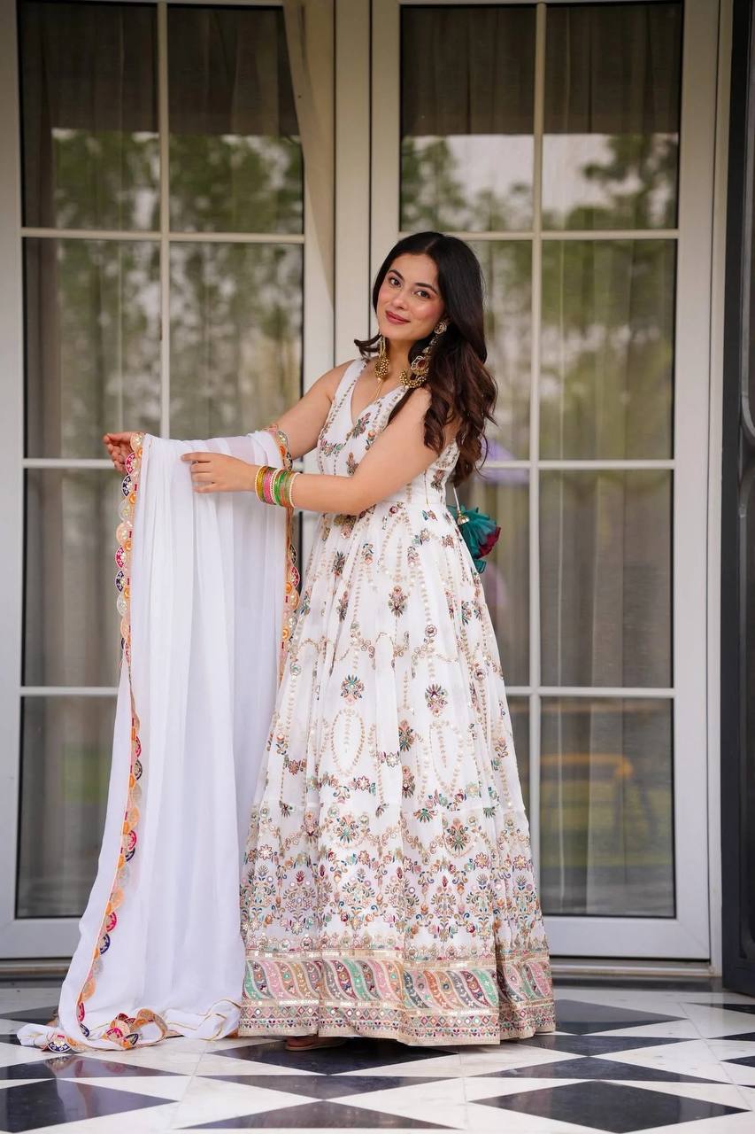 White Premium Faux Georgette Anarkali Gown with Dupatta