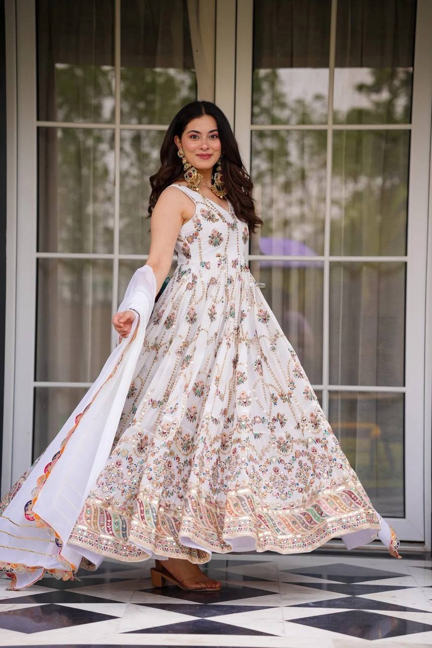 White Premium Faux Georgette Anarkali Gown with Dupatta