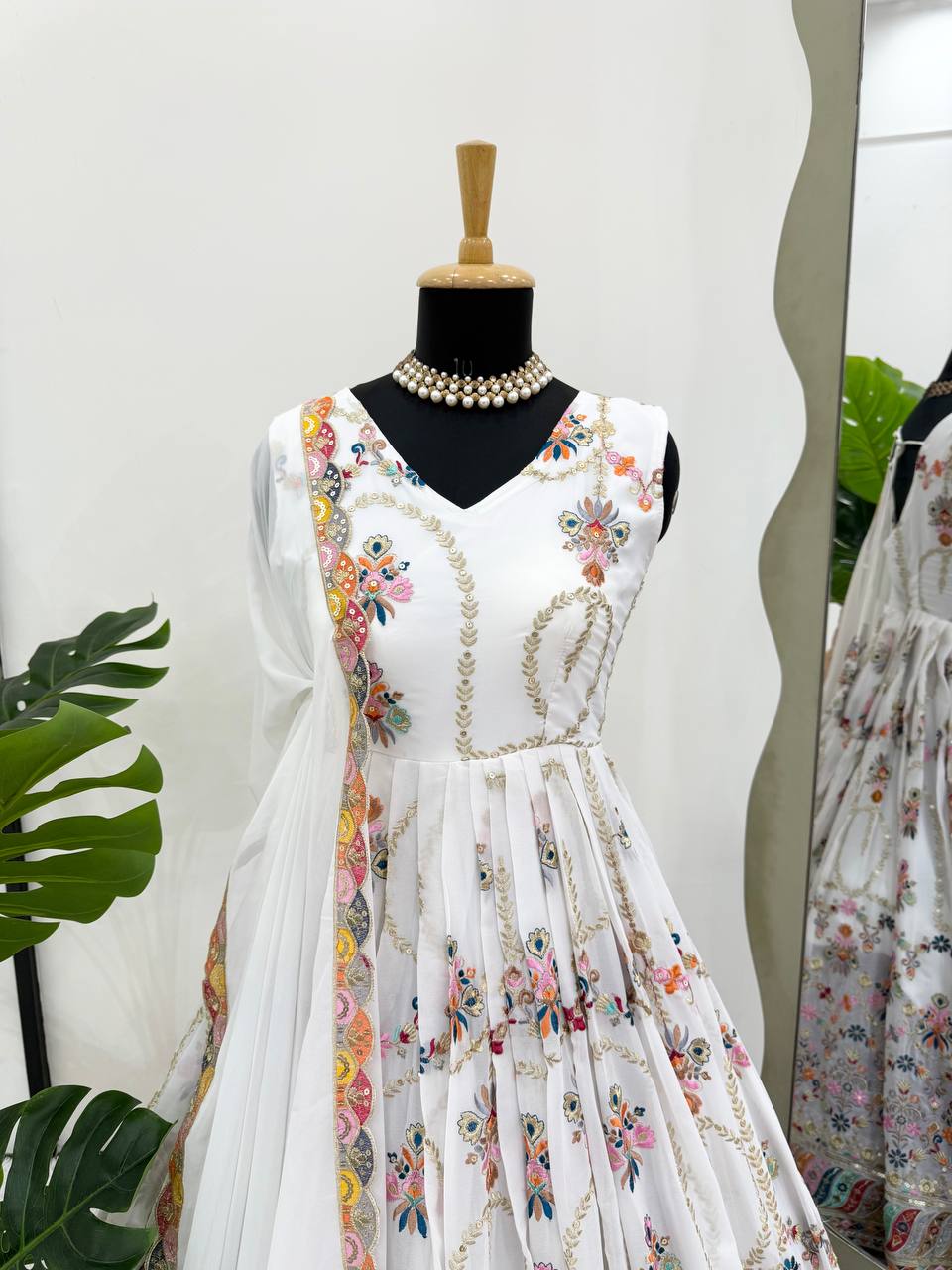 White Premium Faux Georgette Anarkali Gown with Dupatta