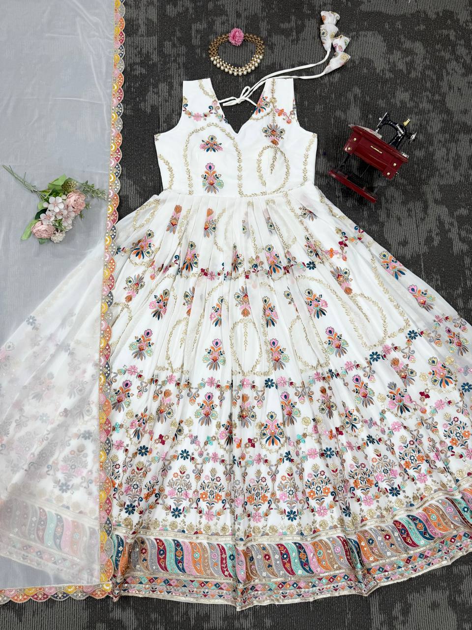 White Premium Faux Georgette Anarkali Gown with Dupatta