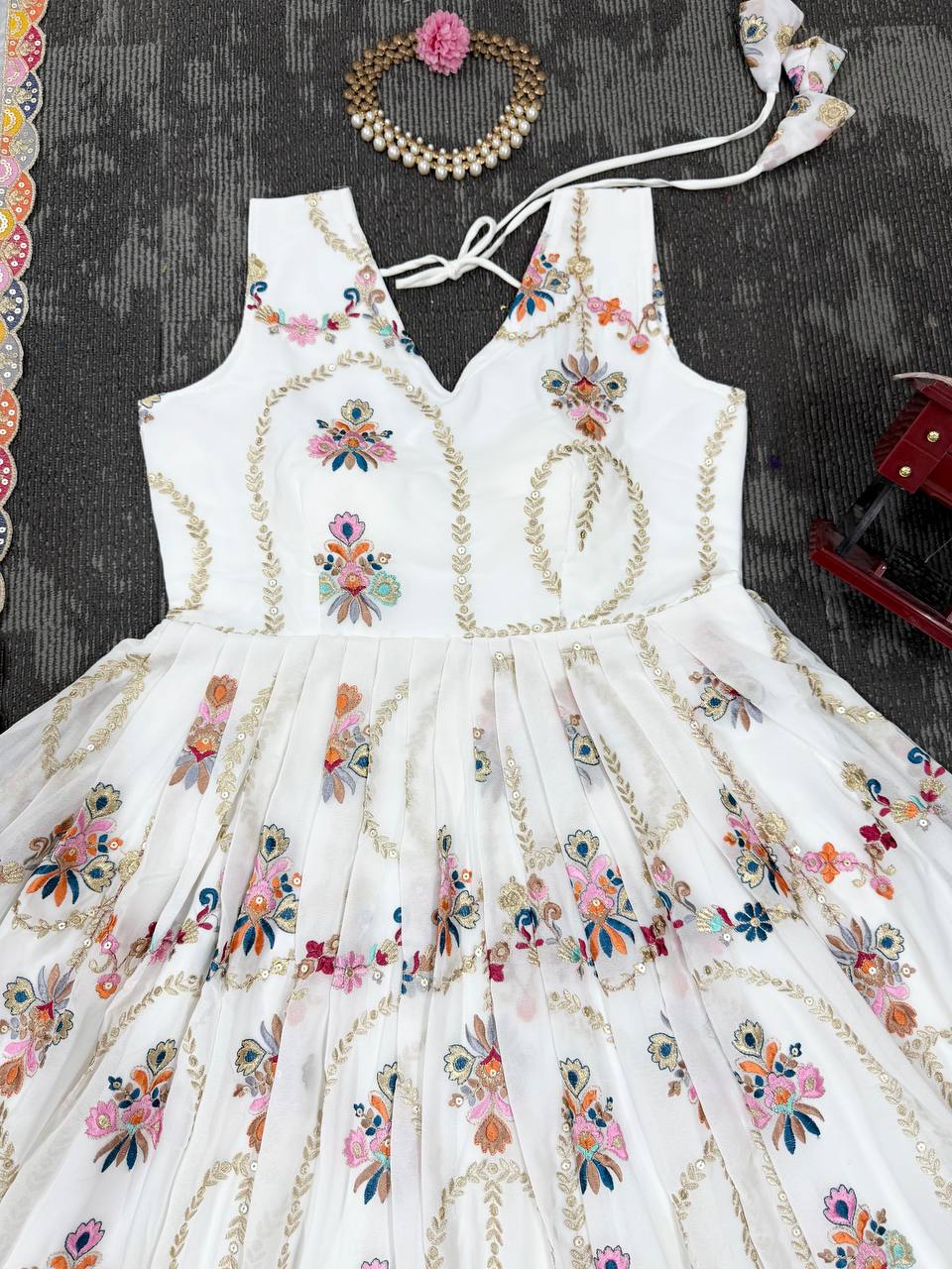 White Premium Faux Georgette Anarkali Gown with Dupatta