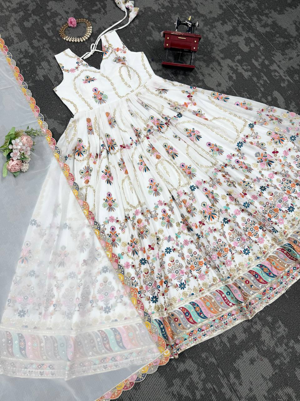 White Premium Faux Georgette Anarkali Gown with Dupatta