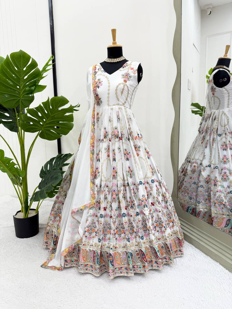 White Premium Faux Georgette Anarkali Gown with Dupatta
