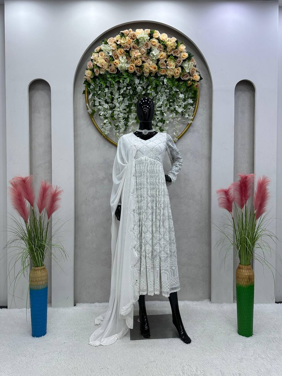 White Elegant Lakhnavi Embroidered Georgette Suit – With Designer Dupatta