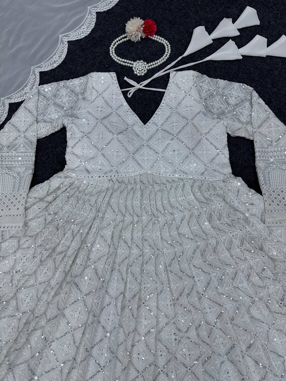 White Elegant Lakhnavi Embroidered Georgette Suit – With Designer Dupatta