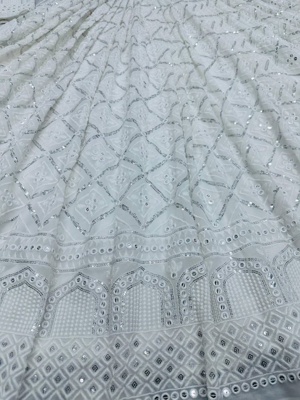 White Elegant Lakhnavi Embroidered Georgette Suit – With Designer Dupatta