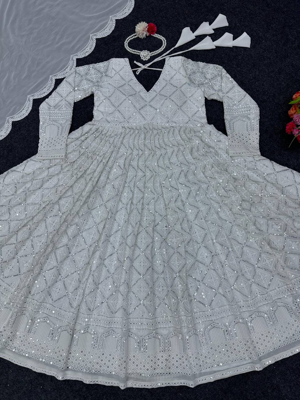 White Elegant Lakhnavi Embroidered Georgette Suit – With Designer Dupatta