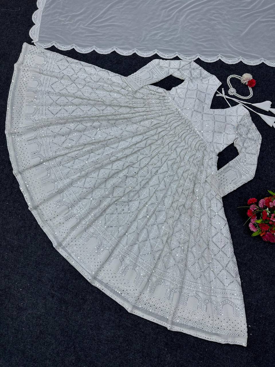 White Elegant Lakhnavi Embroidered Georgette Suit – With Designer Dupatta