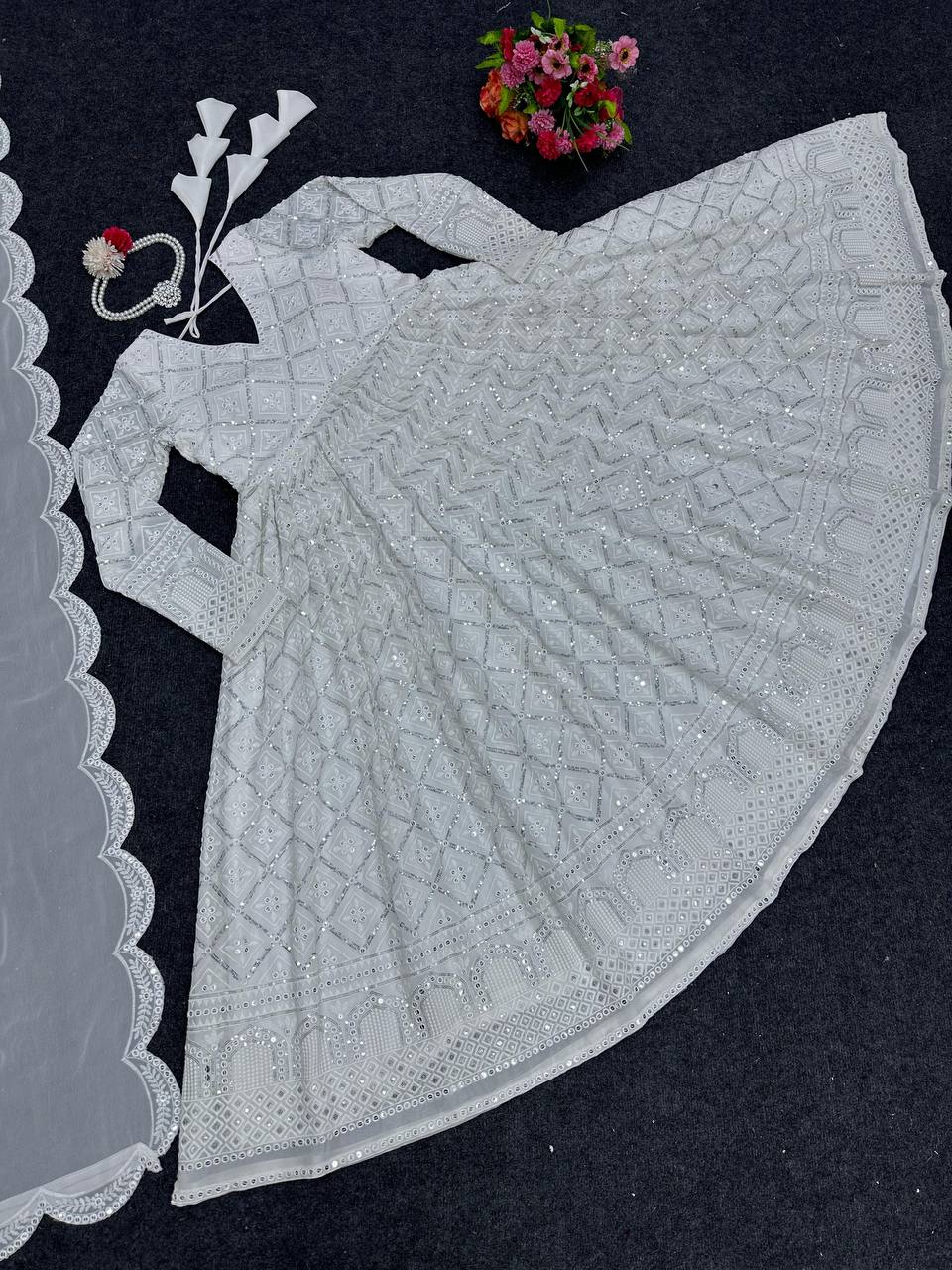 White Elegant Lakhnavi Embroidered Georgette Suit – With Designer Dupatta