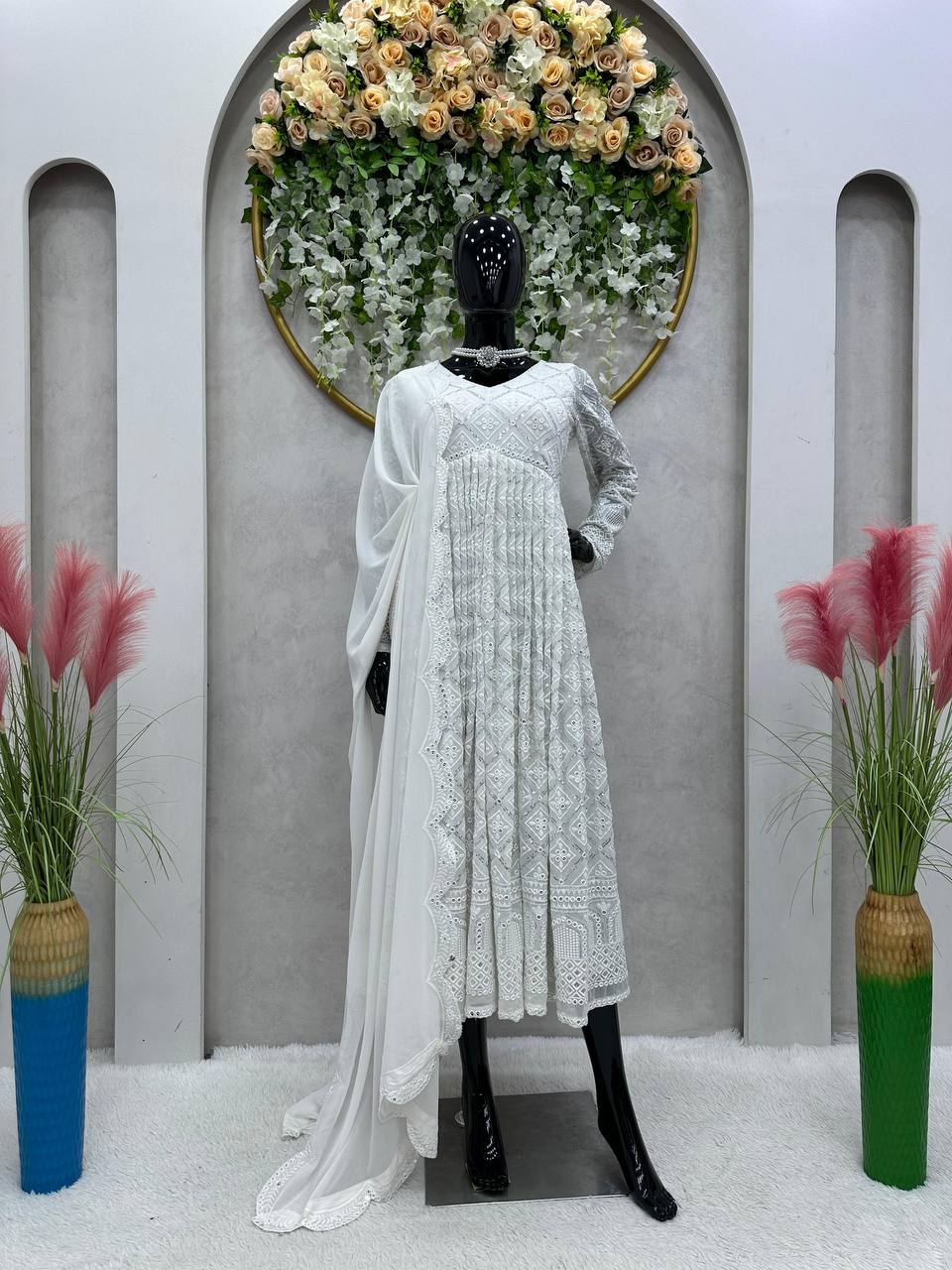 White Elegant Lakhnavi Embroidered Georgette Suit – With Designer Dupatta
