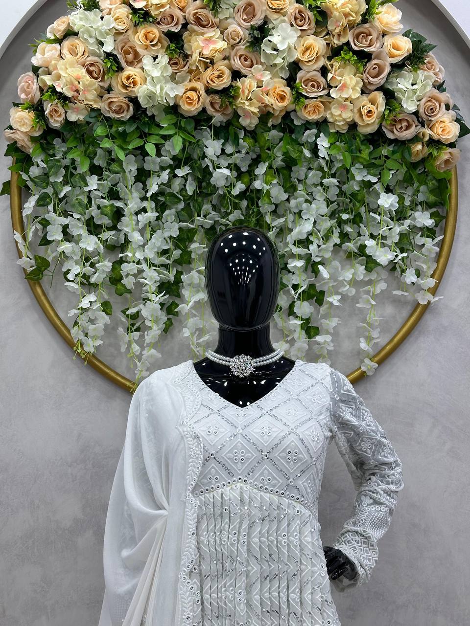 White Elegant Lakhnavi Embroidered Georgette Suit – With Designer Dupatta