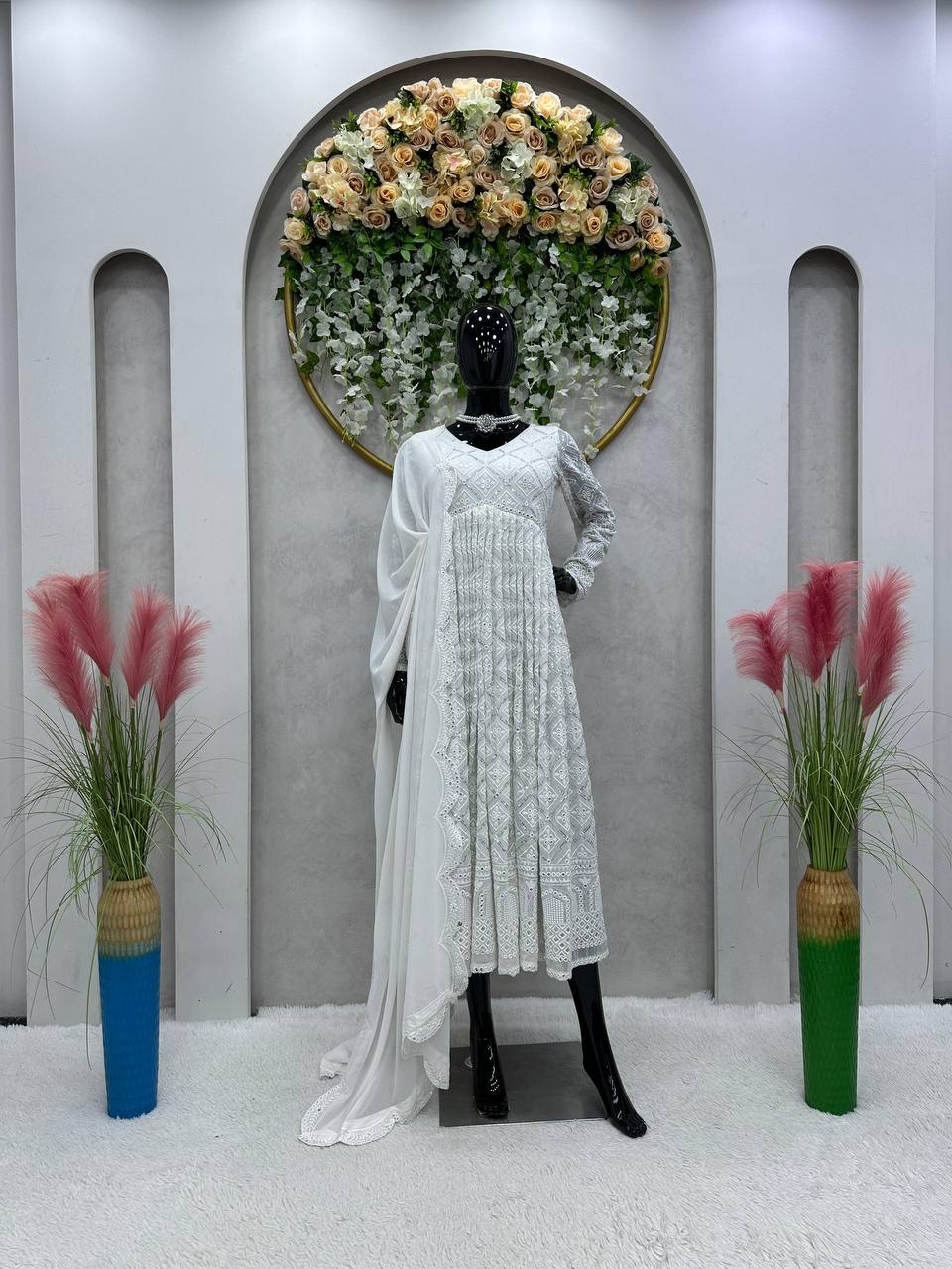 White Elegant Lakhnavi Embroidered Georgette Suit – With Designer Dupatta