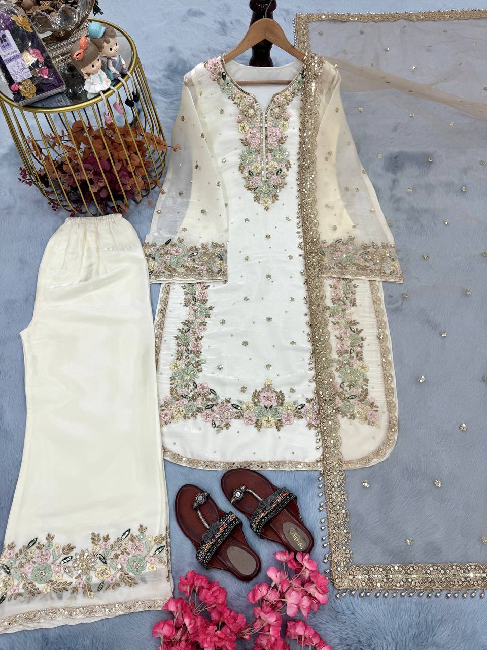 White Premium Embroidered Palazzo Set with Dupatta