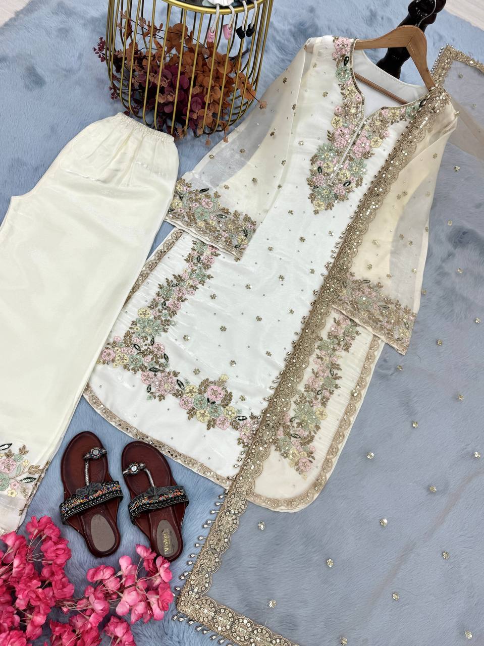 White Premium Embroidered Palazzo Set with Dupatta