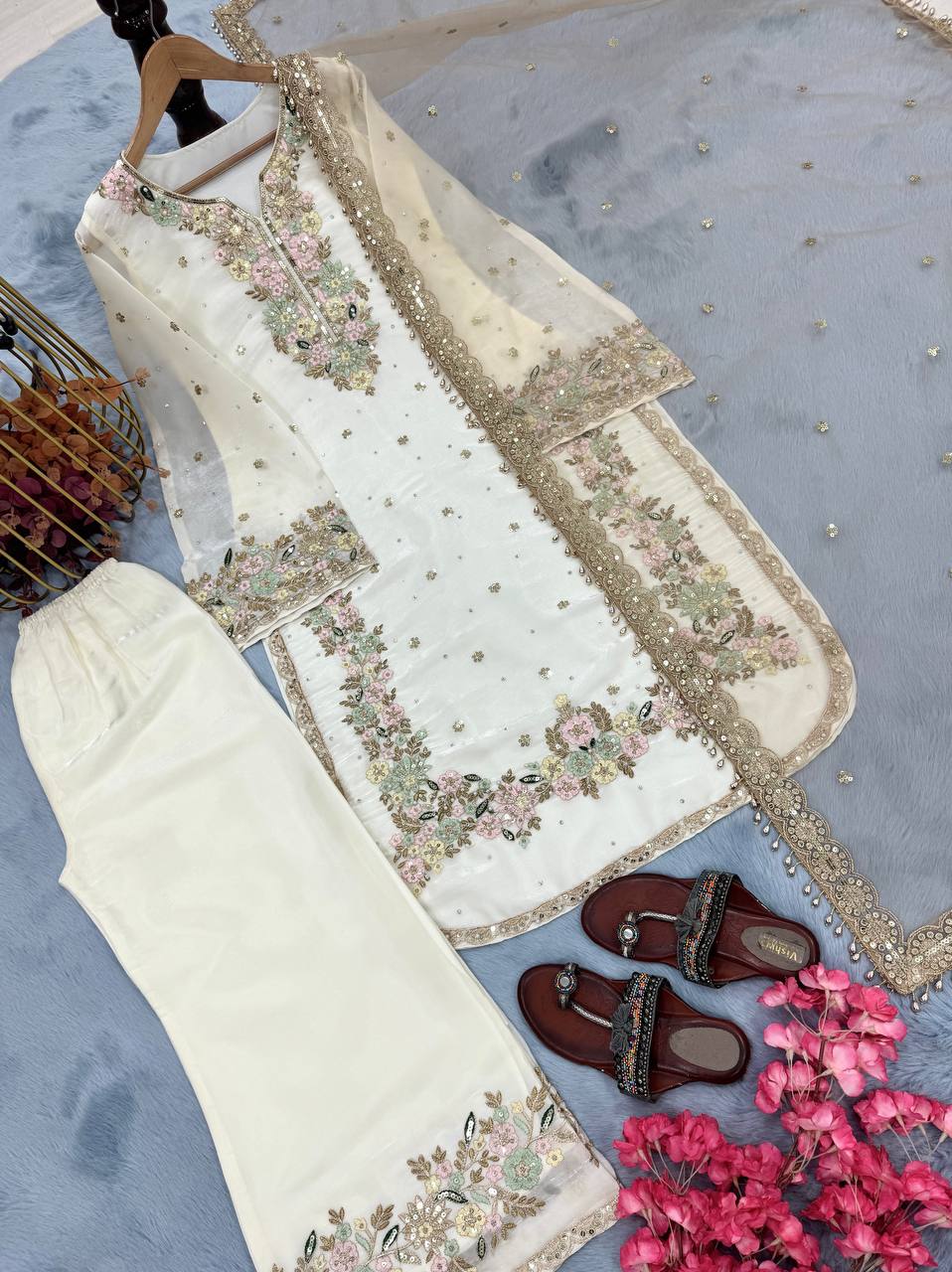 White Premium Embroidered Palazzo Set with Dupatta