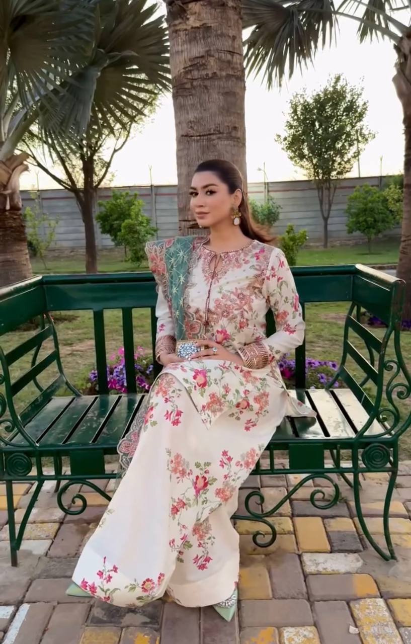 White Premium Modal Silk Embroidered Set Farshi Plazzo, Fancy Top & Net Dupatta Fully Stitched