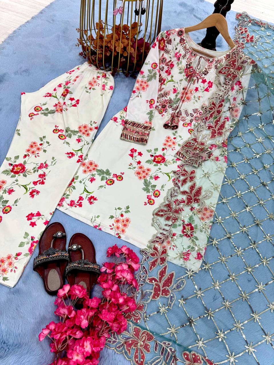 White Premium Modal Silk Embroidered Set Farshi Plazzo, Fancy Top & Net Dupatta Fully Stitched