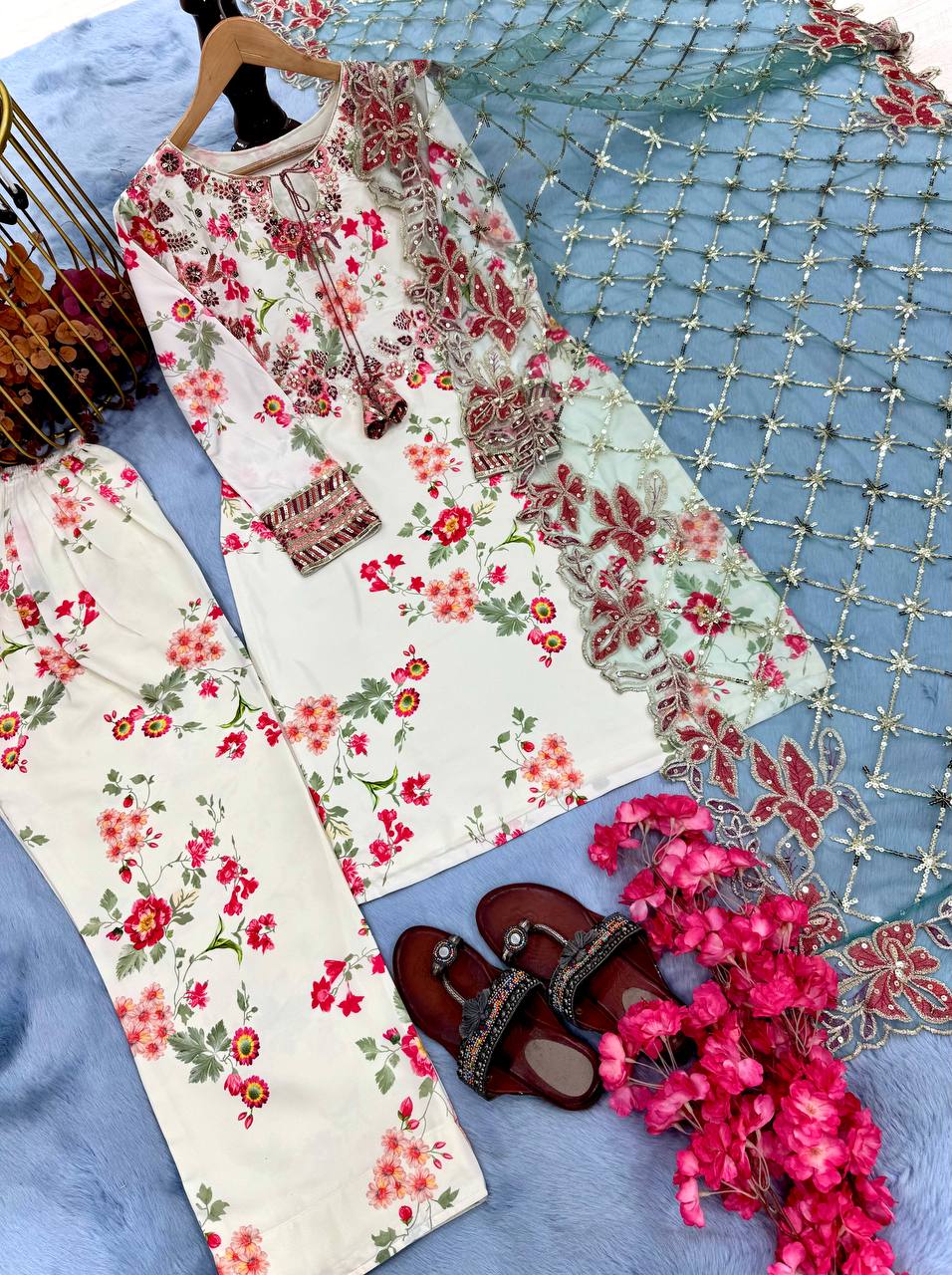 White Premium Modal Silk Embroidered Set Farshi Plazzo, Fancy Top & Net Dupatta Fully Stitched
