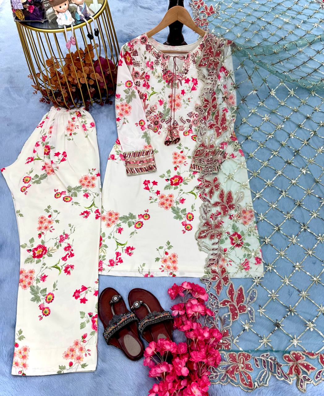 White Premium Modal Silk Embroidered Set Farshi Plazzo, Fancy Top & Net Dupatta Fully Stitched