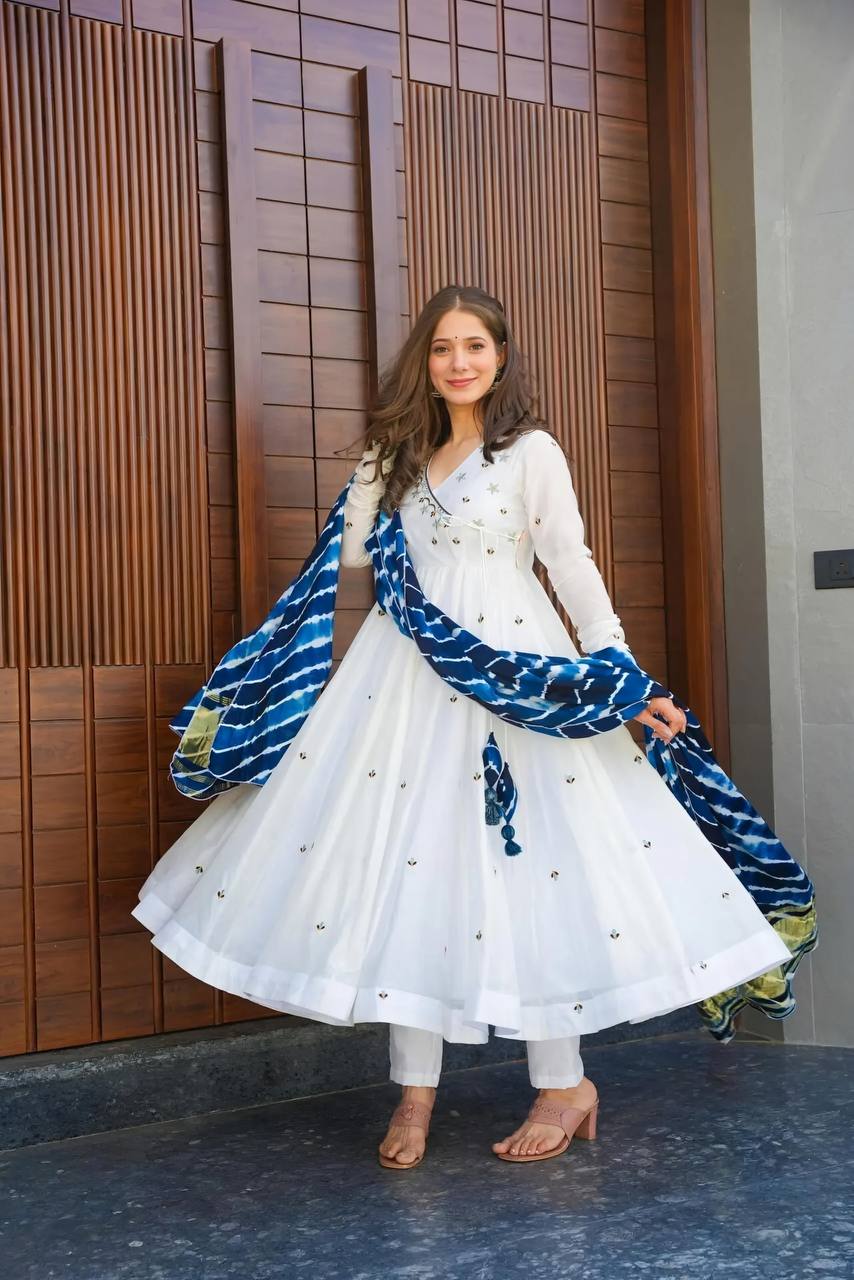 White Premium Rayon Zari Embroidered Anarkali Suit Set with Digital Printed Dupatta & Pants