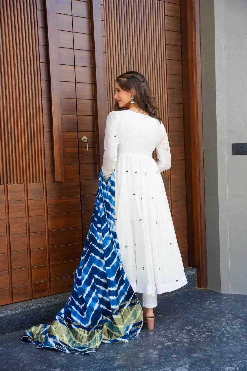 White Premium Rayon Zari Embroidered Anarkali Suit Set with Digital Printed Dupatta & Pants