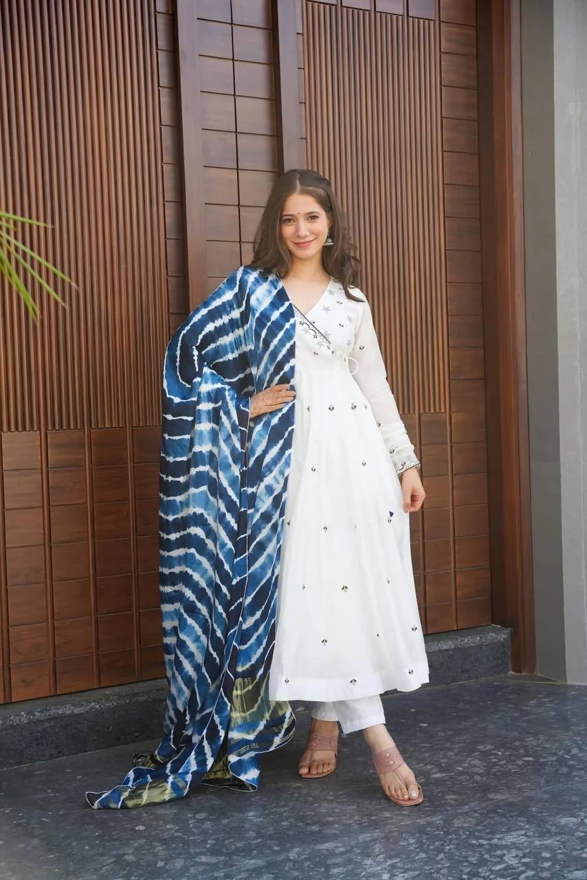 White Premium Rayon Zari Embroidered Anarkali Suit Set with Digital Printed Dupatta & Pants