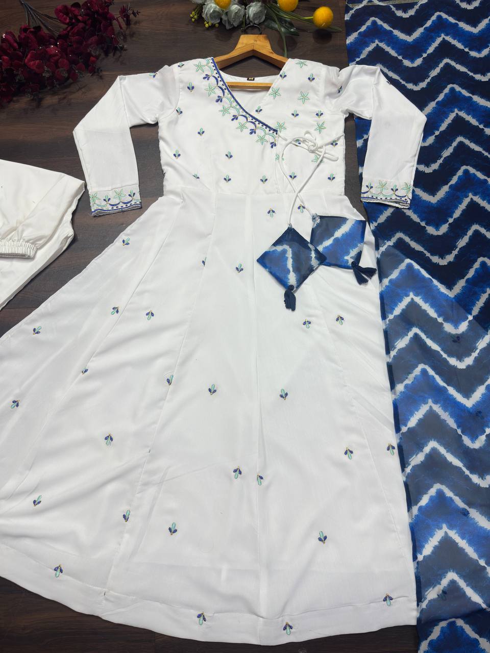 White Premium Rayon Zari Embroidered Anarkali Suit Set with Digital Printed Dupatta & Pants