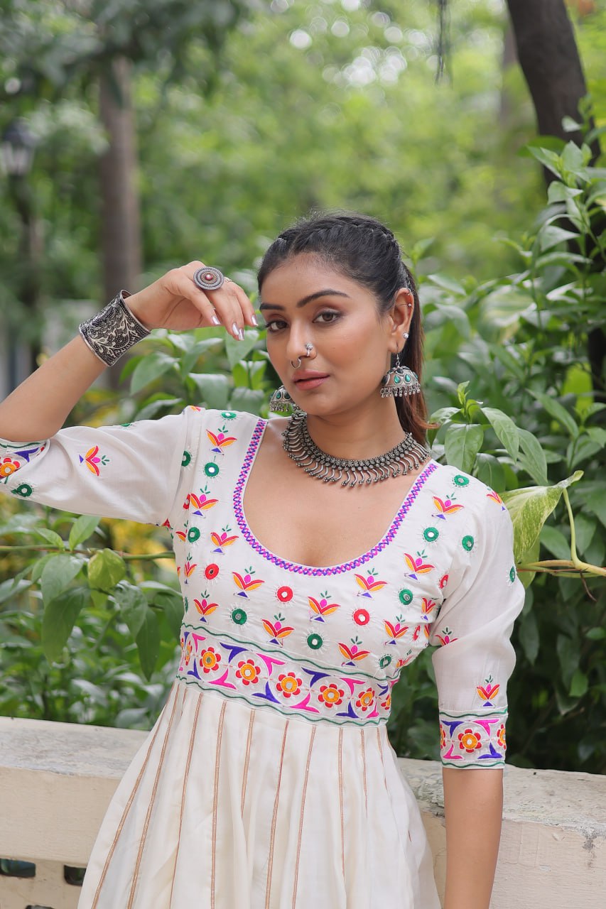 White Premium Roman Fabric Gown with Multicolour Thread & Gota Lace Embellishments