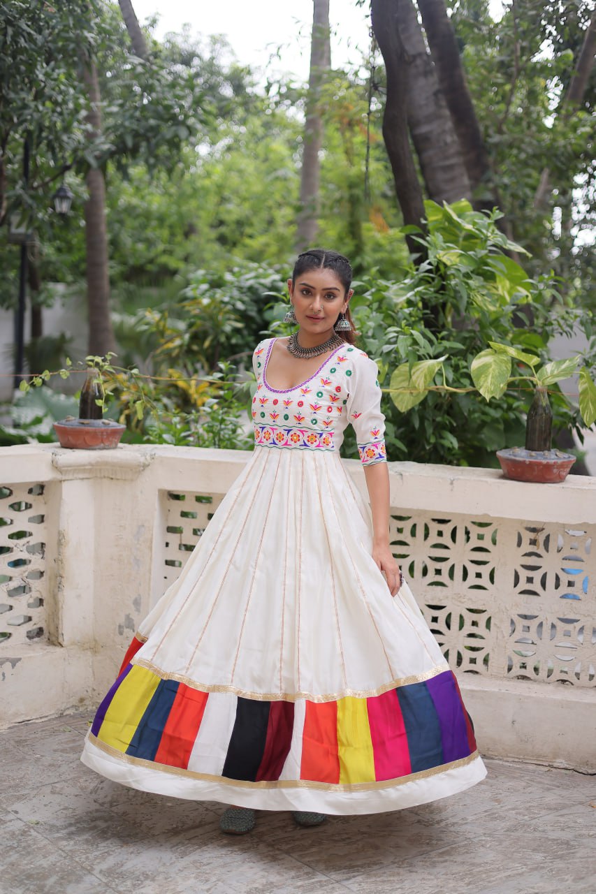 White Premium Roman Fabric Gown with Multicolour Thread & Gota Lace Embellishments