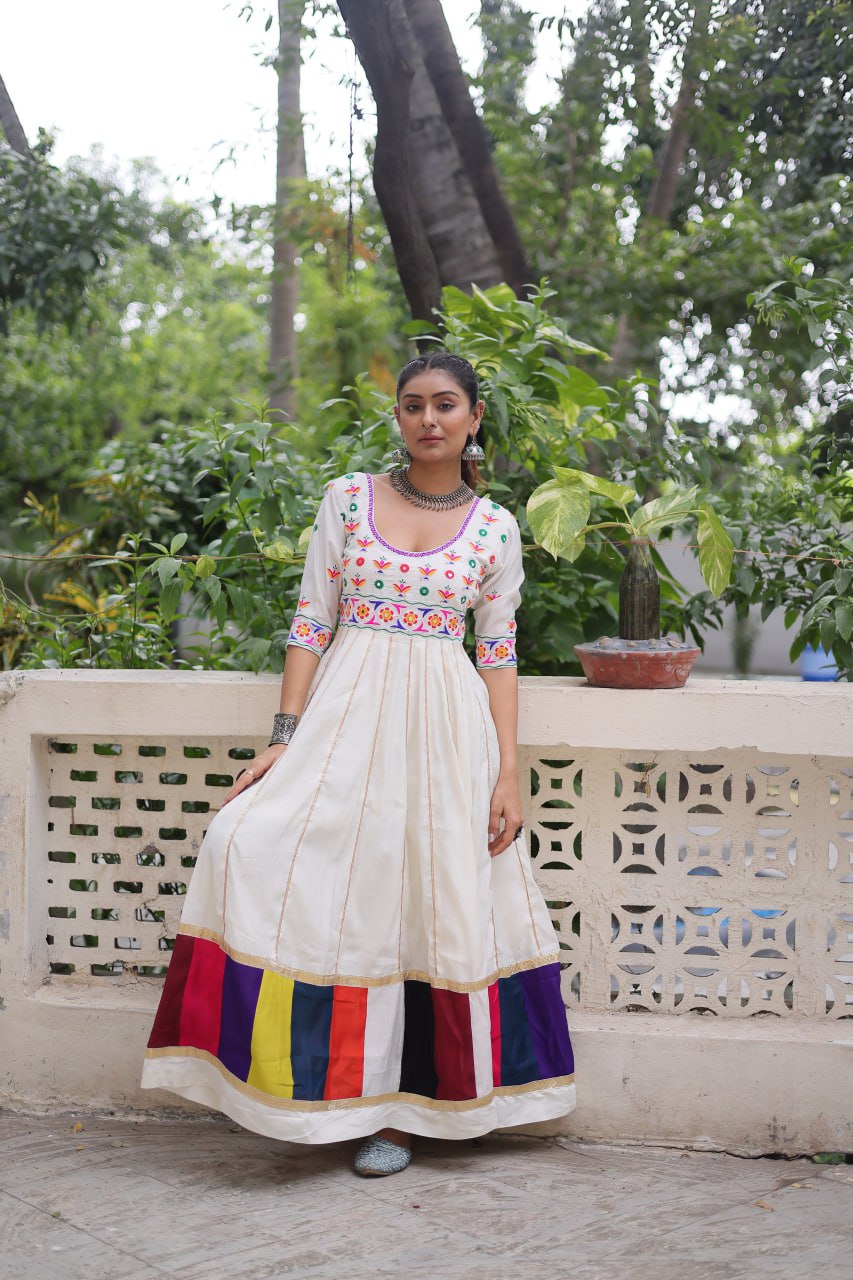 White Premium Roman Fabric Gown with Multicolour Thread & Gota Lace Embellishments