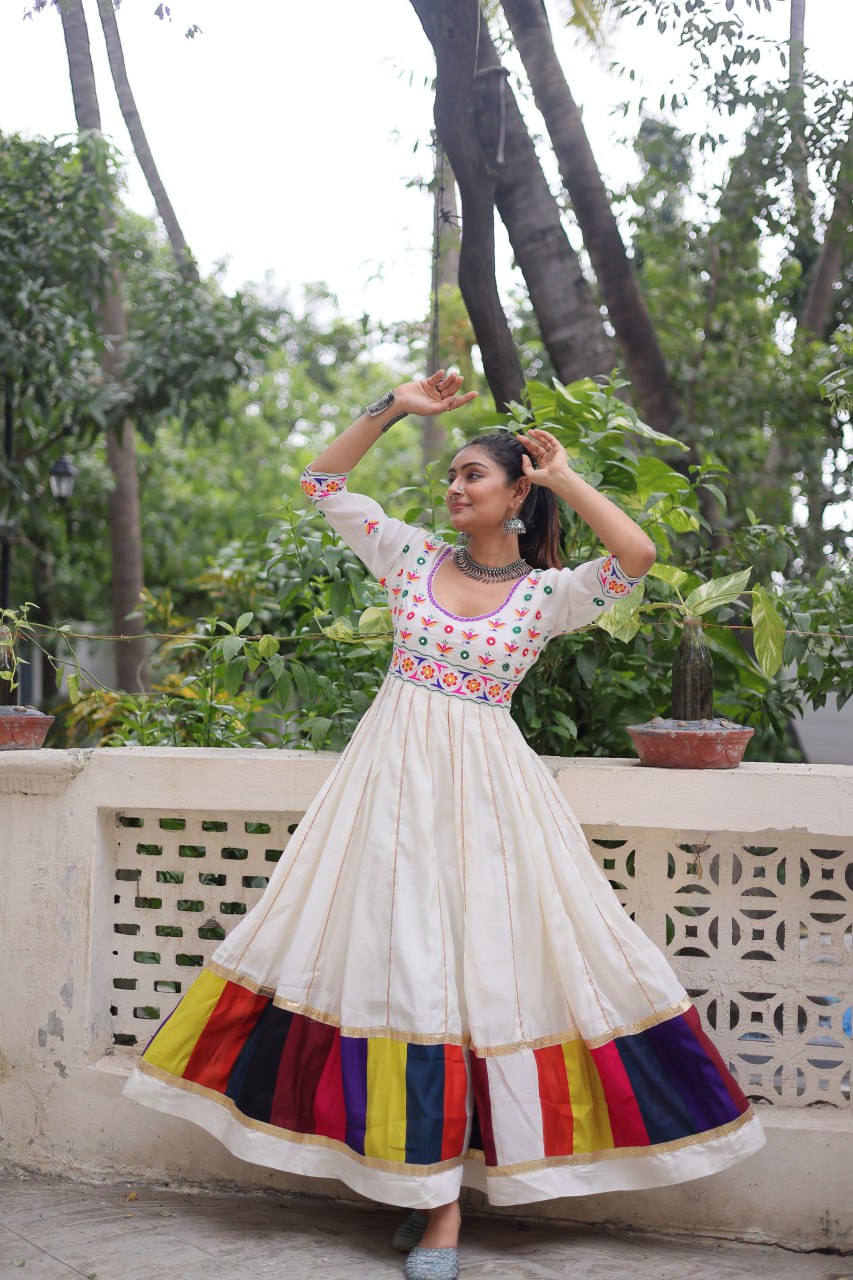 White Premium Roman Fabric Gown with Multicolour Thread & Gota Lace Embellishments