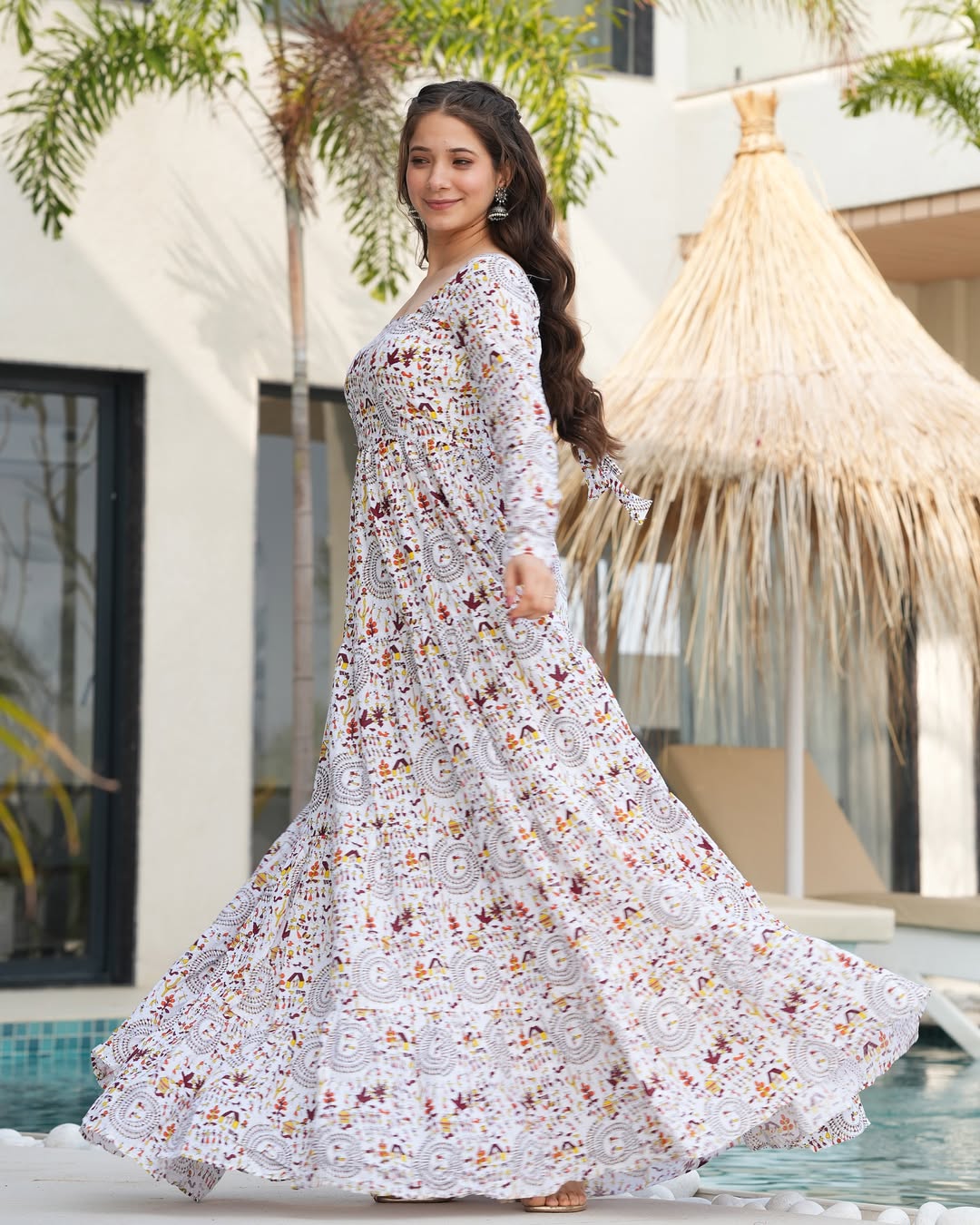 White Printed Cotton Flared Gown