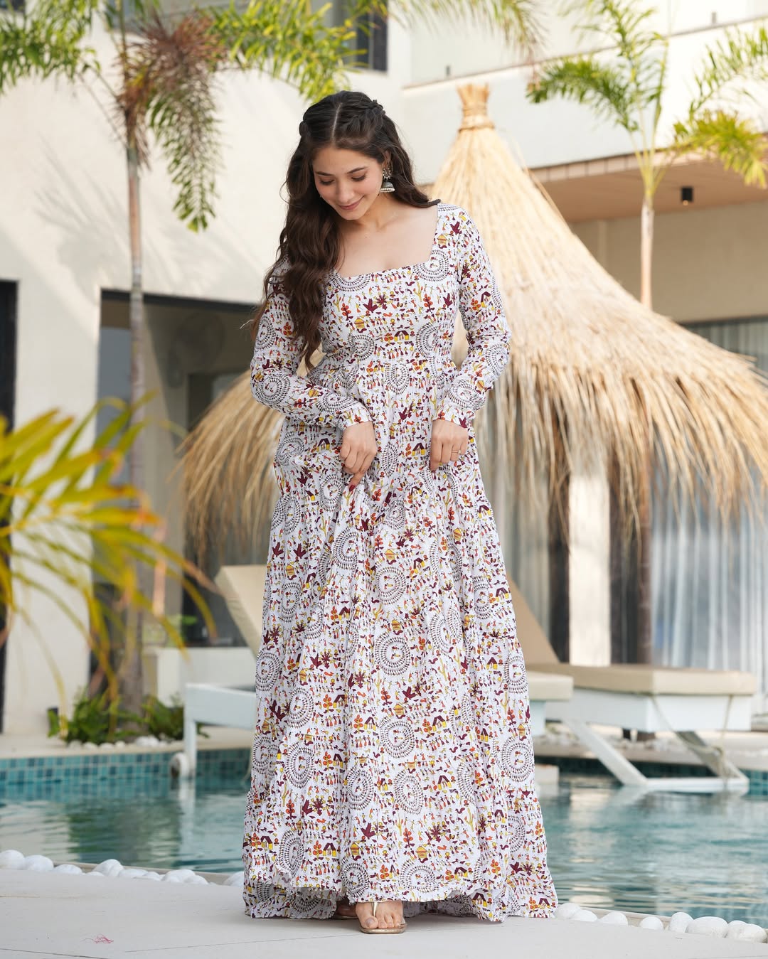 White Printed Cotton Flared Gown