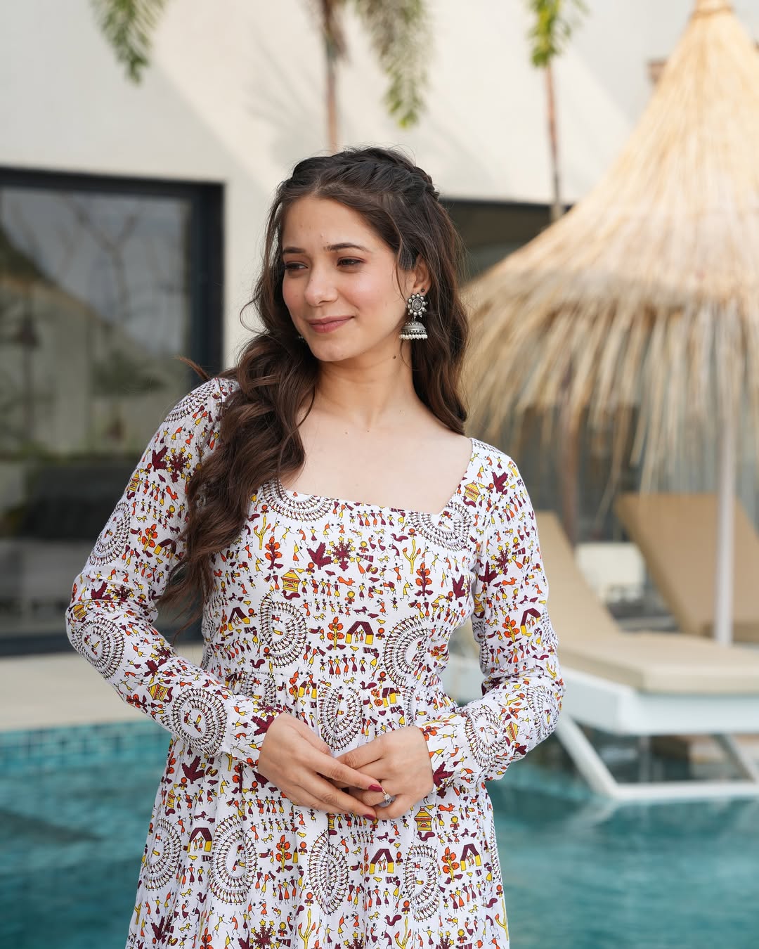 White Printed Cotton Flared Gown