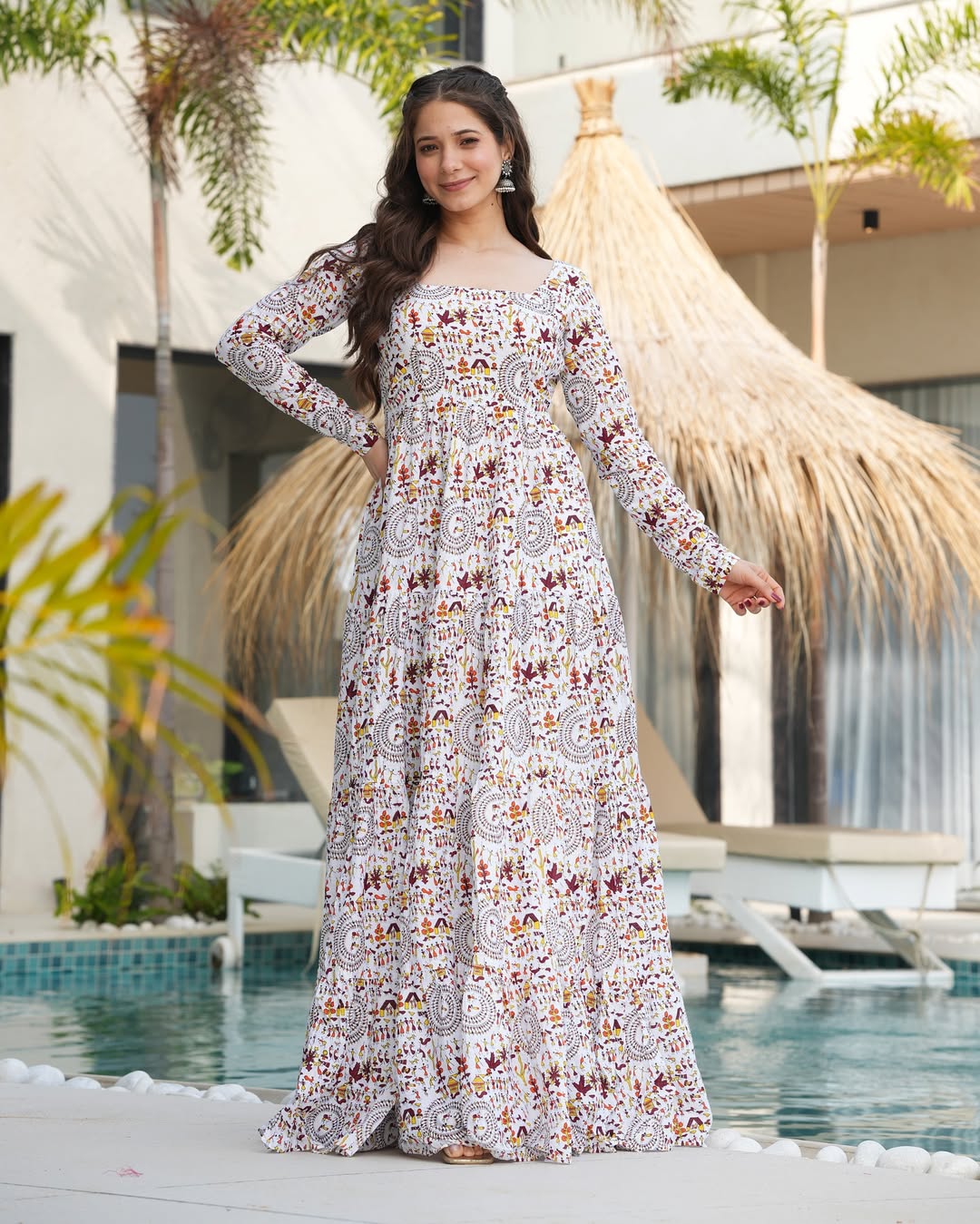 White Printed Cotton Flared Gown