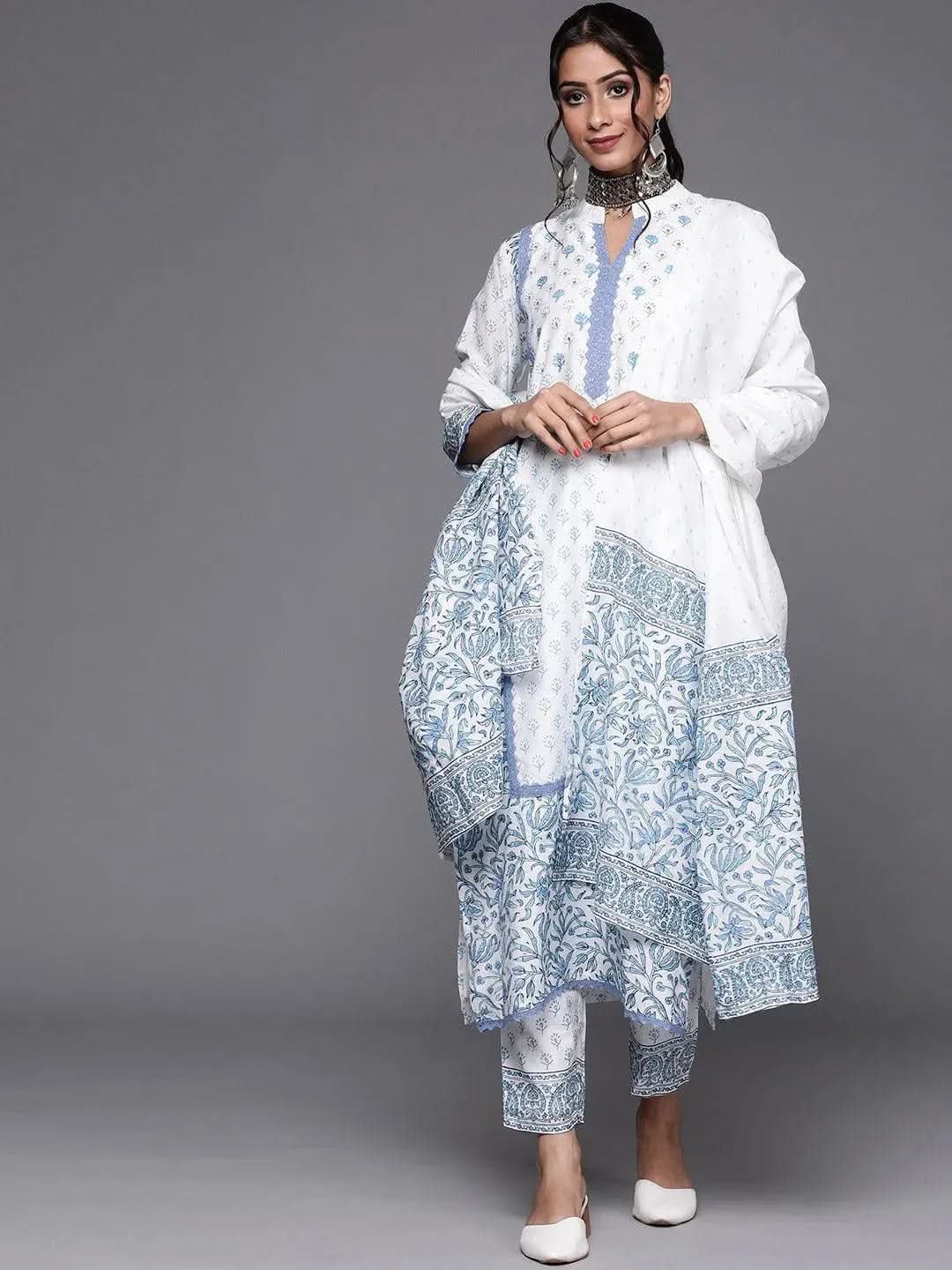 Mameraa White Printed Silk Straight Kurta With Dupatta