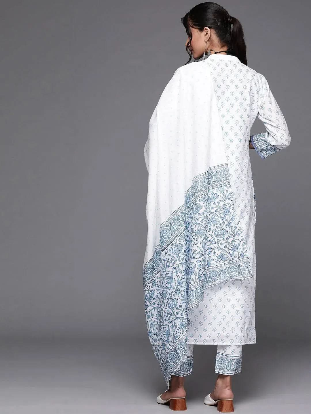Mameraa White Printed Silk Straight Kurta With Dupatta