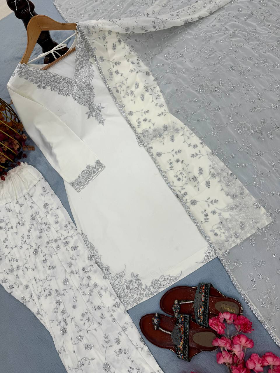 White Pure Crepe Embroidered Farshi Suit