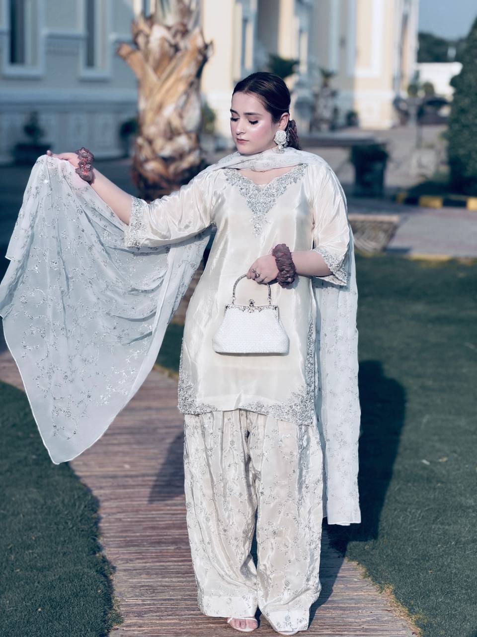White Pure Crepe Embroidered Farshi Suit
