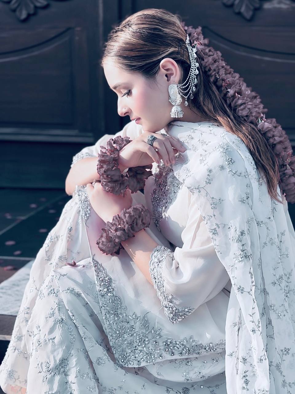 White Pure Crepe Embroidered Farshi Suit