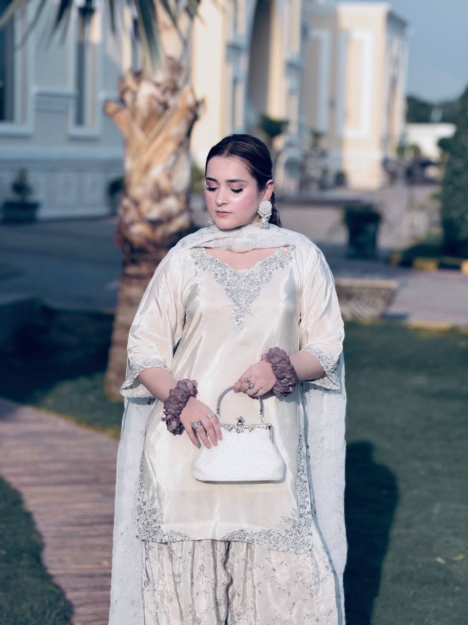 White Pure Crepe Embroidered Farshi Suit