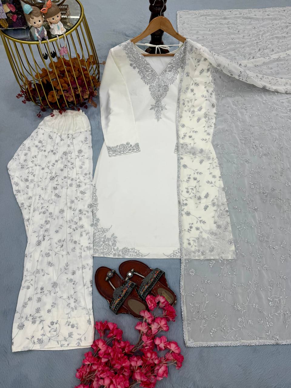 White Pure Crepe Embroidered Farshi Suit