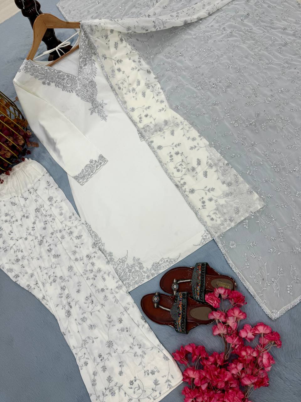 White Pure Crepe Embroidered Farshi Suit