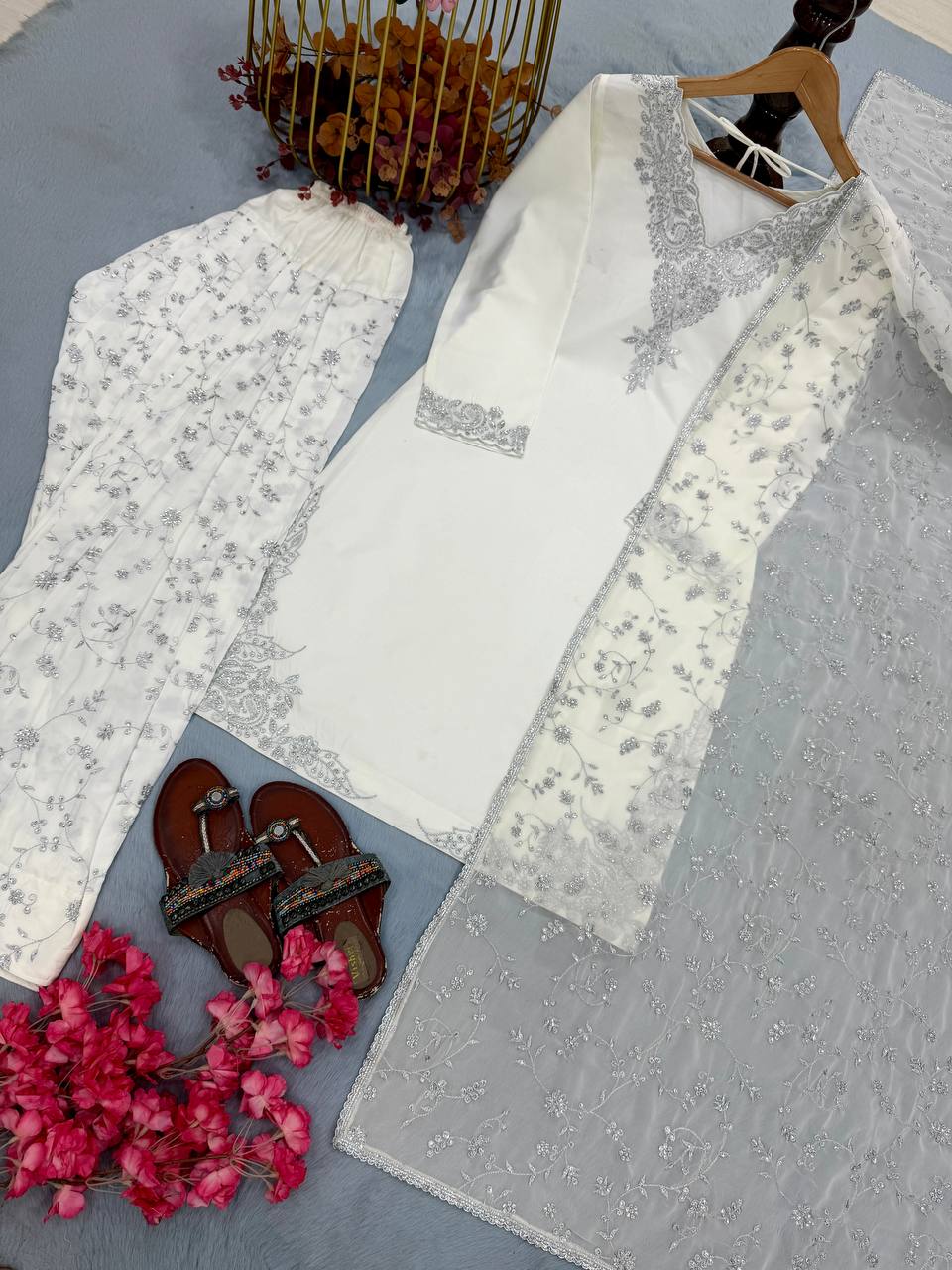White Pure Crepe Embroidered Farshi Suit