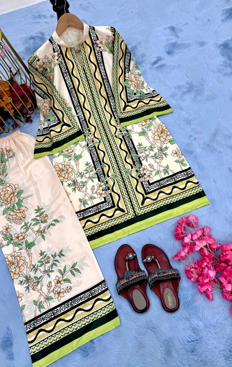 White Pure Natural Crepe Digital Print Co-Ord Set Fully Stitched Top & Plazzo